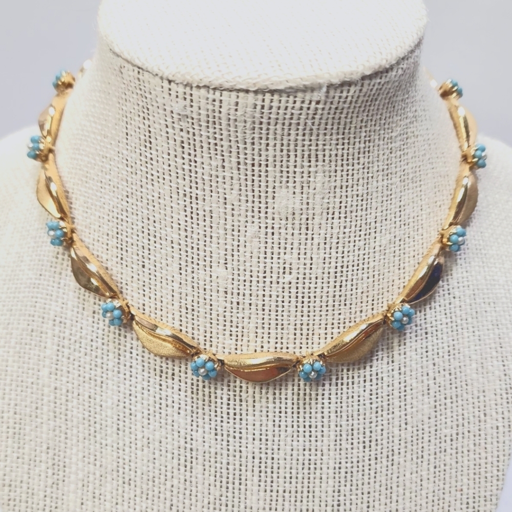 Vintage Trifari Gold Link and Blue With Pearl Center Floral Necklace